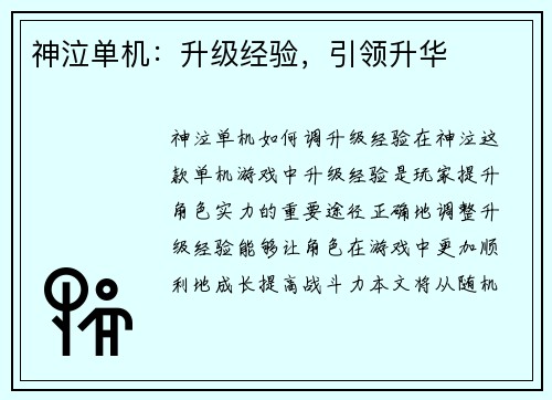 神泣单机：升级经验，引领升华